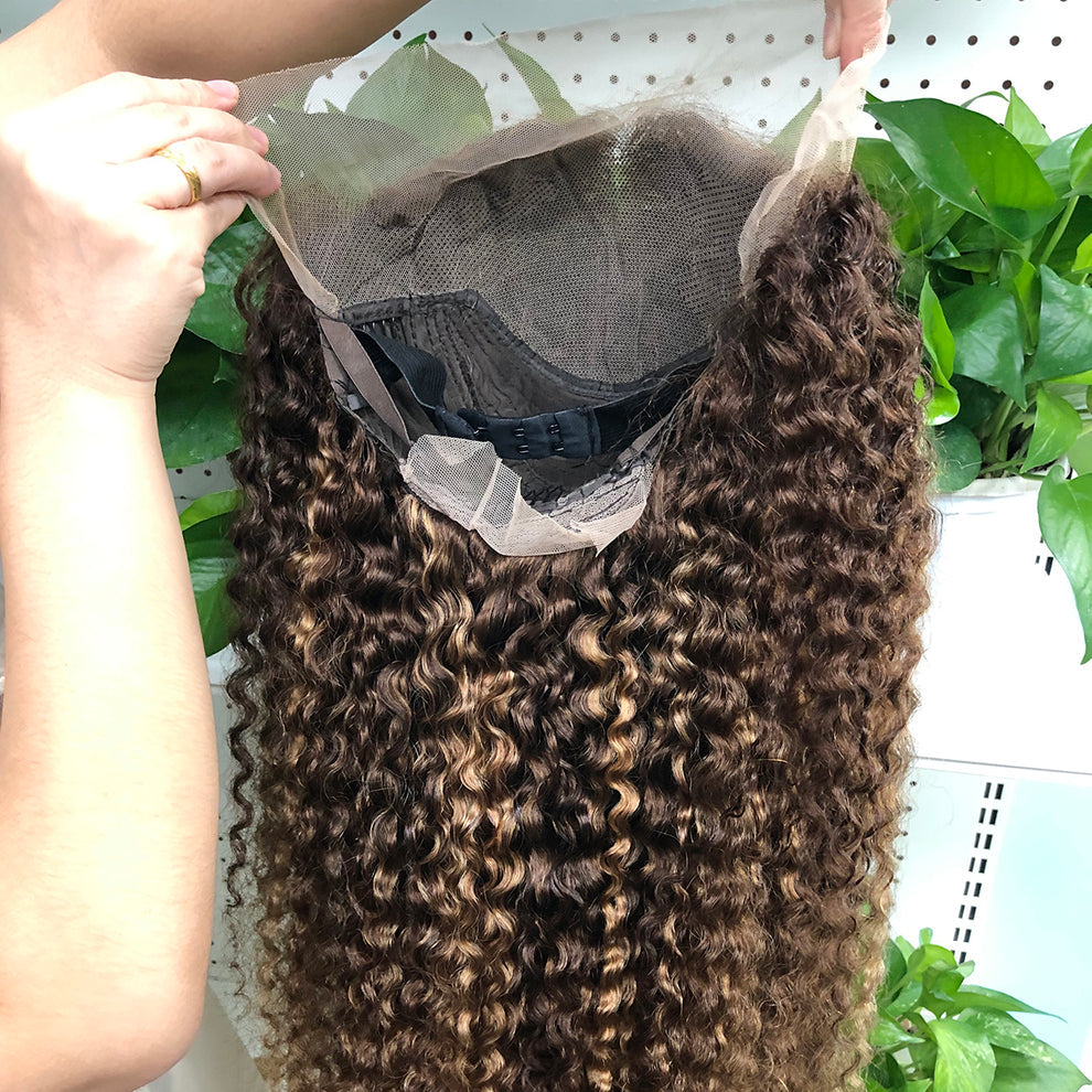 Peruca Humana 13x4 Lace Front Jerry Curl Cacheada - Mechas Loiro Mel P4/27#
