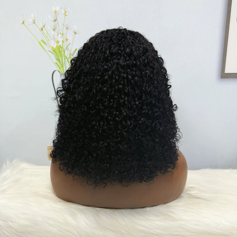 Fringe Double Drawn Wig Human Hair Pixie Curl Wigs 300% Density 12inches Color 1B