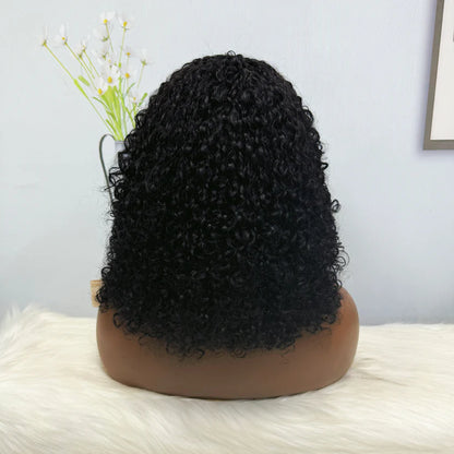 Fringe Double Drawn Wig Human Hair Pixie Curl Wigs 300% Density 12inches Color 1B
