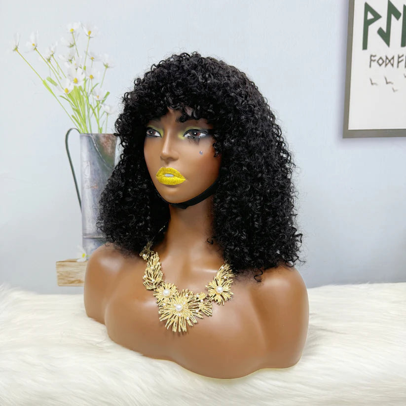 Fringe Double Drawn Wig Human Hair Pixie Curl Wigs 300% Density 12inches Color 1B