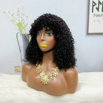Fringe Double Drawn Wig Human Hair Pixie Curl Wigs 300% Density 12inches Color 1B