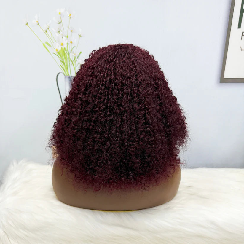 Fringe Double Drawn Wig Human Hair Pixie Curl Wigs 300% Density 12inches Color 99J