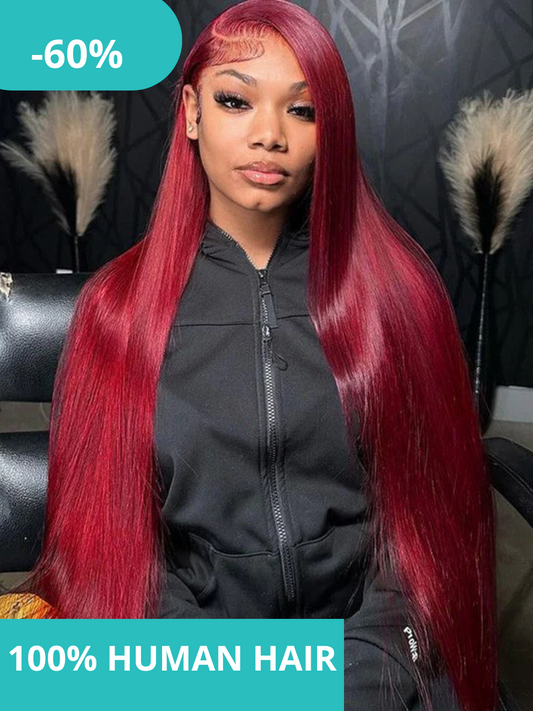 13*4 Lace Wig Straight Natural Human Hair Lace Wigs Color 99J 200% Density
