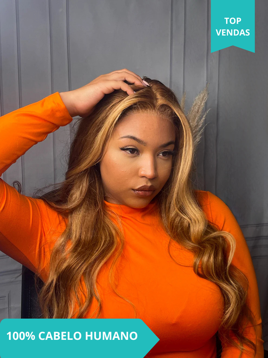 "Peruca Humana 13x4 Lace Wig Body Wave Natural - Mechas Loira Mel P4/27# "