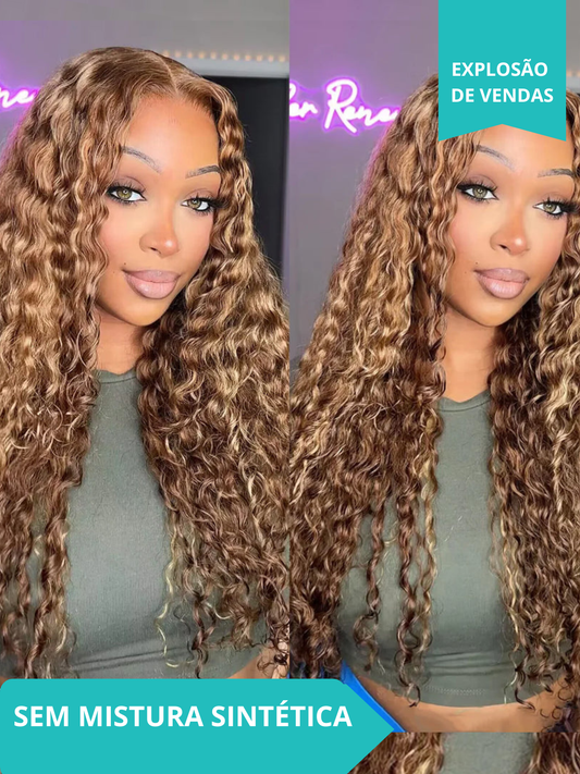 Peruca Humana 13x4 Lace Front Jerry Curl Cacheada - Mechas Loiro Mel P4/27#