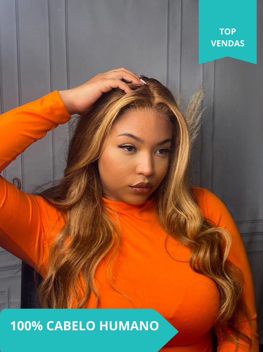 "Peruca Humana 13x4 Lace Wig Body Wave Natural - Mechas Loira Mel P4/27# "